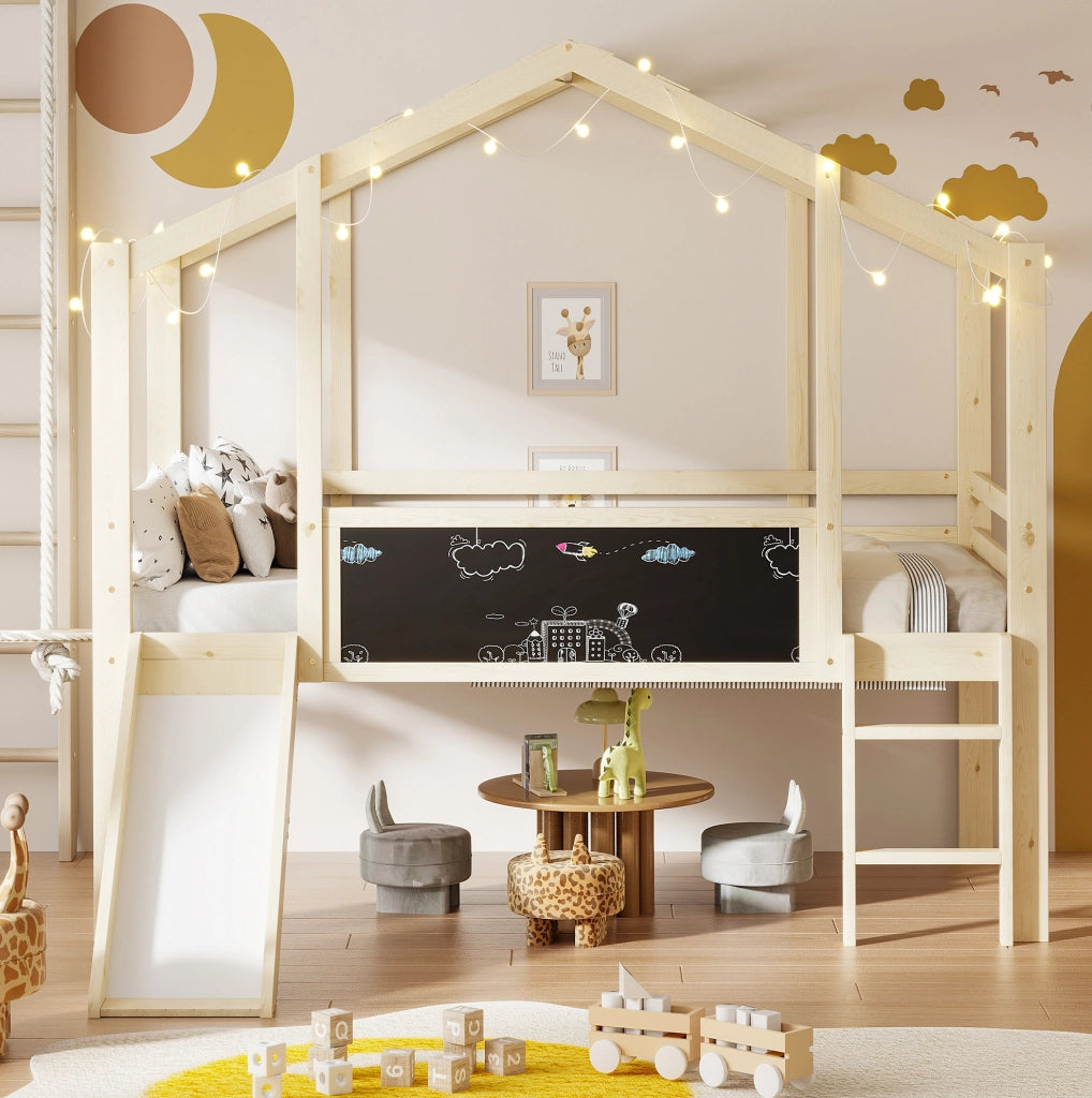 Letto a soppalco per bambini 90x200 cm in legno massello con scivolo e lavagna