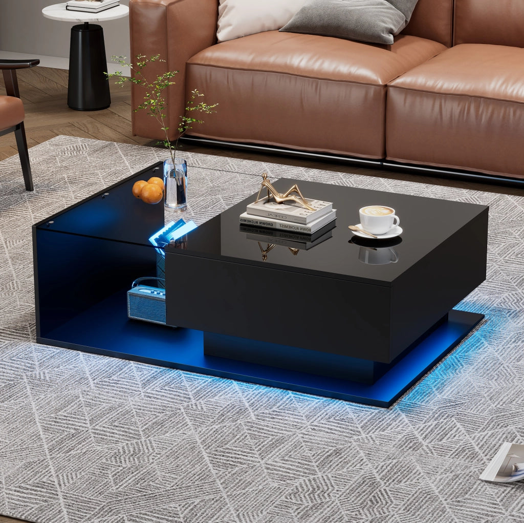 Tavolino da salotto nero lucido 100x50x32 cm con piano in vetro; cassetto e LED