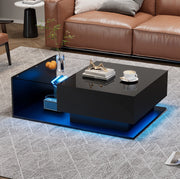 Tavolino da salotto nero lucido 100x50x32 cm con piano in vetro; cassetto e LED