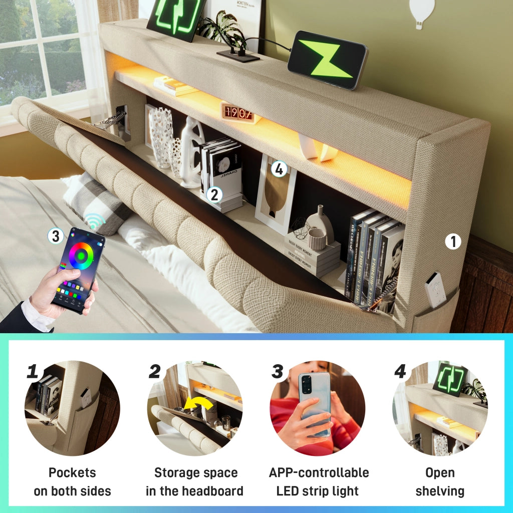 Letto Contenitore Letto Matrimoniale 160x200 cm; LED; USB e Type-C; in Lino Beige