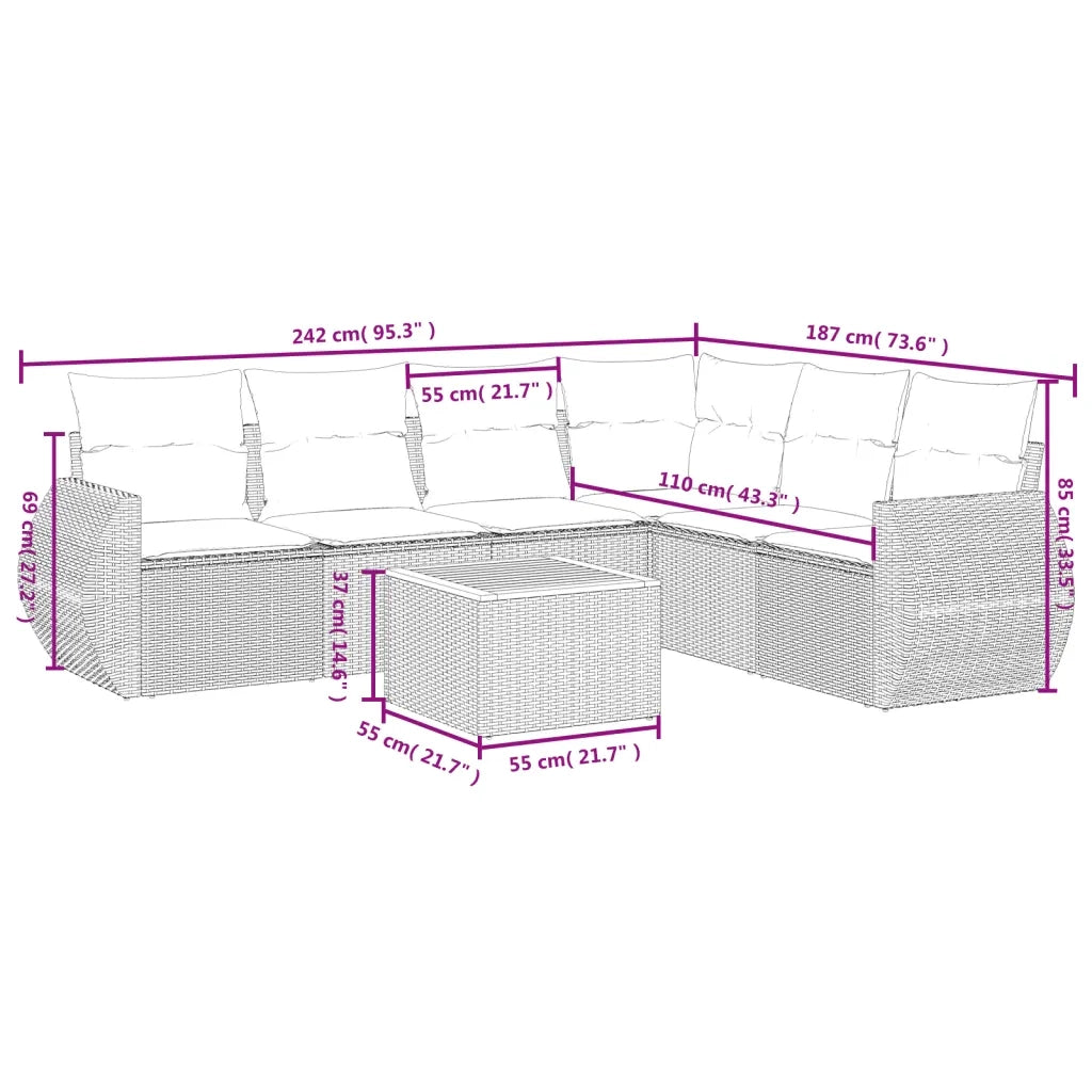 Set Divani da Giardino 7 pz con Cuscini Grigio in Polyrattan