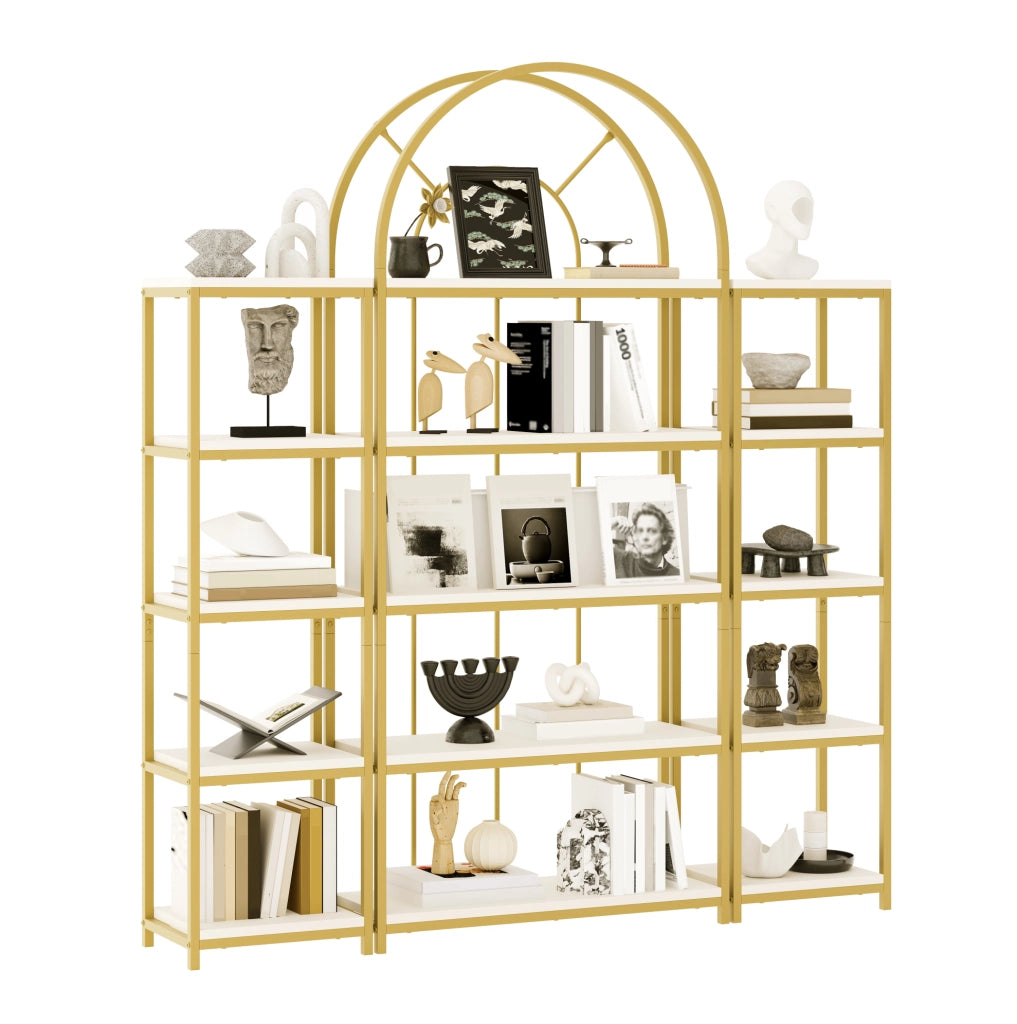Libreria modulare a 3 pezzi 163x30x184 cm con struttura in metallo dorato e MDF bianco