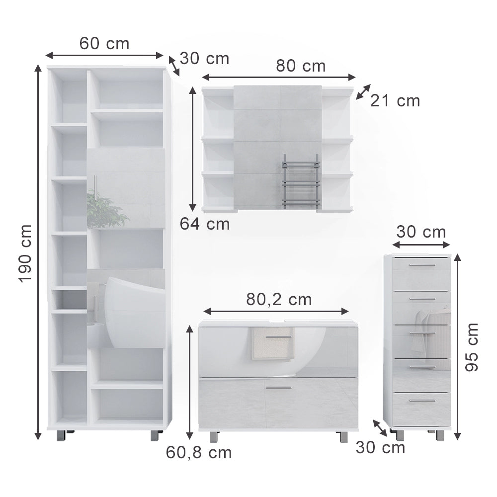 Vicco Set di mobili da bagno Bianco lucido 4 pezzi, con colonna