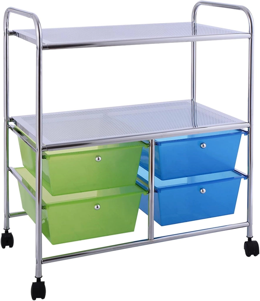 Carrello con 4 Cassetti e 2 Ripiani, Carrello Portaoggetti con Ruote per Cucina Bagno Ufficio, Multiuso, 58,5x37x75 cm (Blu+Verde)