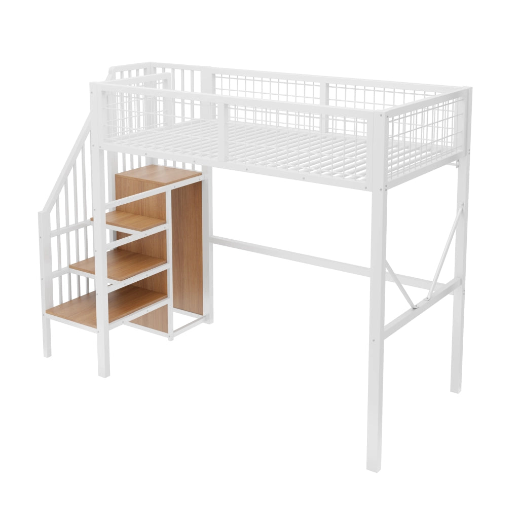Letto a soppalco 90x200 cm in metallo bianco con scala contenitore; LED e guardaroba