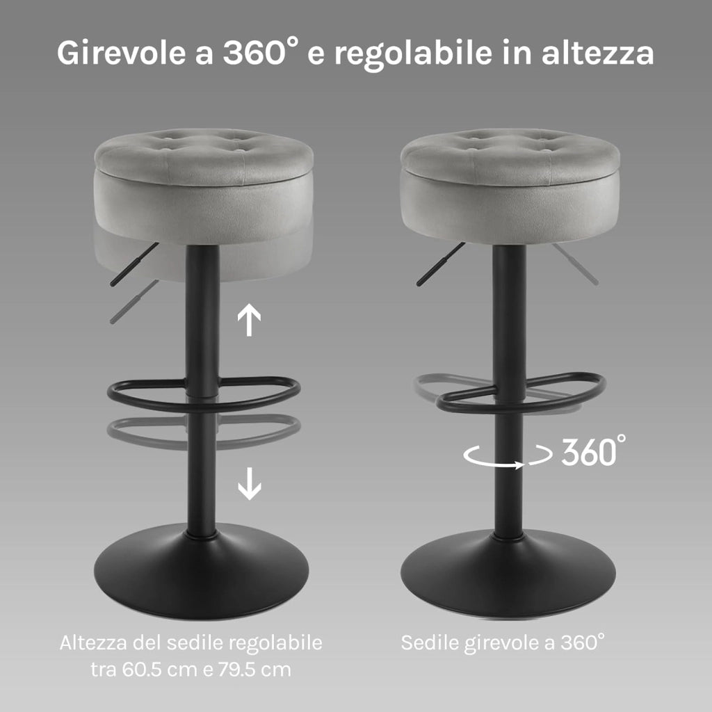 Set di 4 Sgabelli da Cucina, Sgabelli da Bar Alti con Spazio Contenitivo, Sedia Regolabili in Altezza e Girevoli a 360°, per Cucina Sala da Pranzo Bar Bancone, Velluto, Metallo, Grigio Chiaro