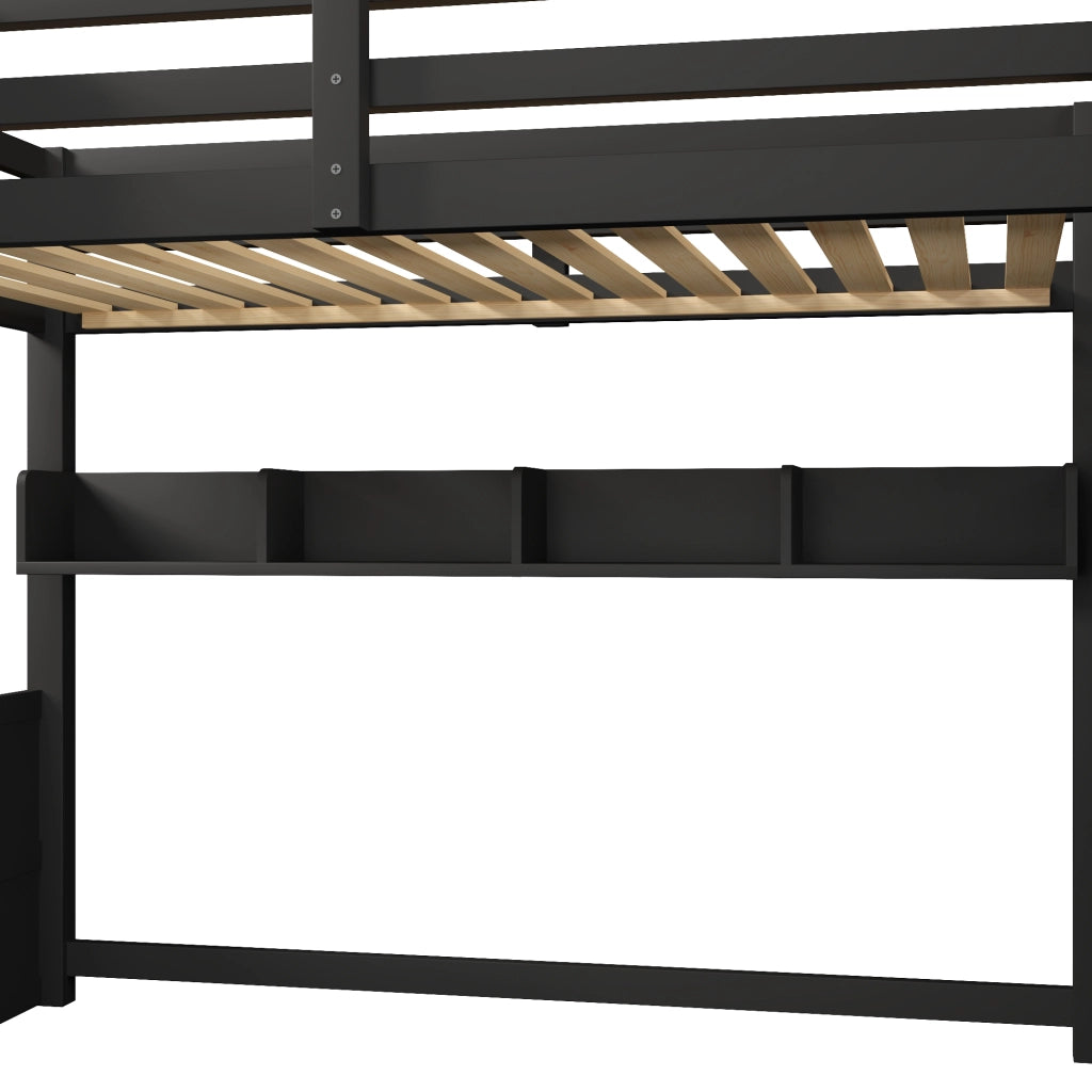 Letto a soppalco 90x200 cm con armadio; scala contenitore; 4 vani e illuminazione LED; pino e MDF; nero