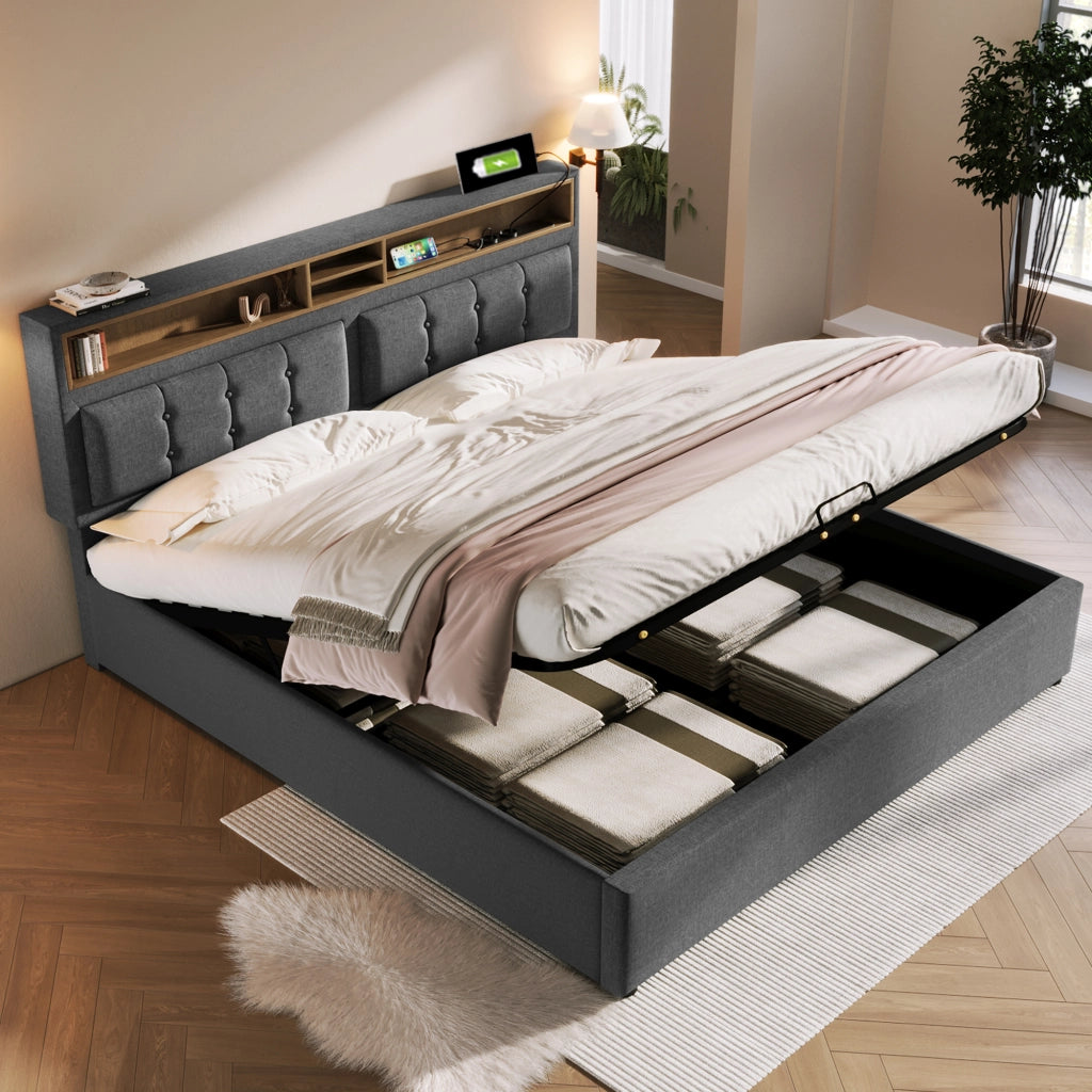 LETTO Imbottito 140x200 cm in Lino Grigio con testiera regolabile e USB