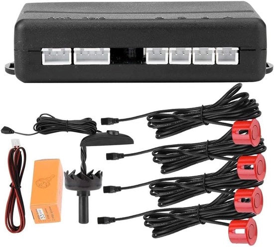 Sistema di parcheggio all'indietro con rilevamento radar - 4 sensori - Distanza di rilevamento - Visualizzazione di distanza con LED - Avviso acustico - Colore nero e rosso.