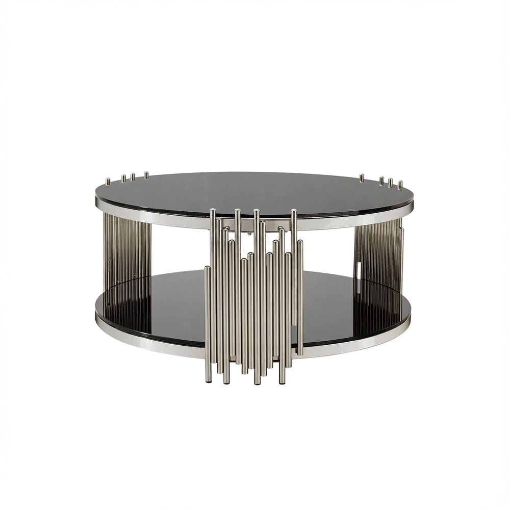 Tavolino da Caff¨¨ Rotondo in Vetro ¨C MINIMAL ¨C Nero, Piano Doppio, Base Acciaio, ?80 cm