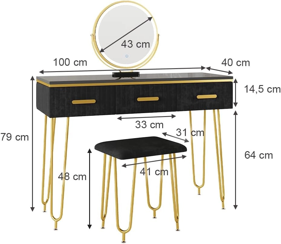 Vicco Tavolo da toeletta Ruby, Bianco, 100 cm con illuminazione LED e sgabello, Spazio per trucco, prodotti per capelli e cura sempre a portata di mano