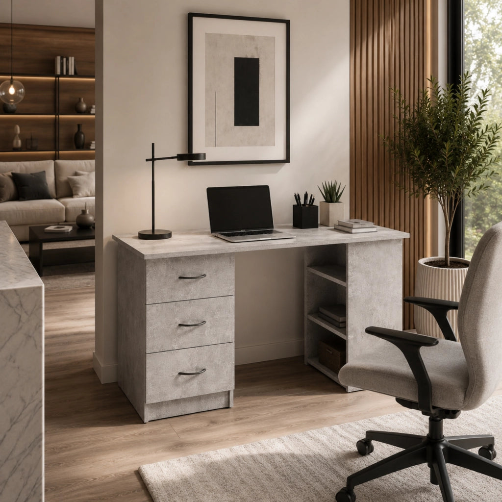 Scrivania Per Studio Con 3 Cassetti E 3 Vani A Giorno Scrittoio In MDF Resistente Dallo Stile Minimal Per Ufficio Cameretta E Smart Working 120 x 49 x 72 Cm Grigio Cemento