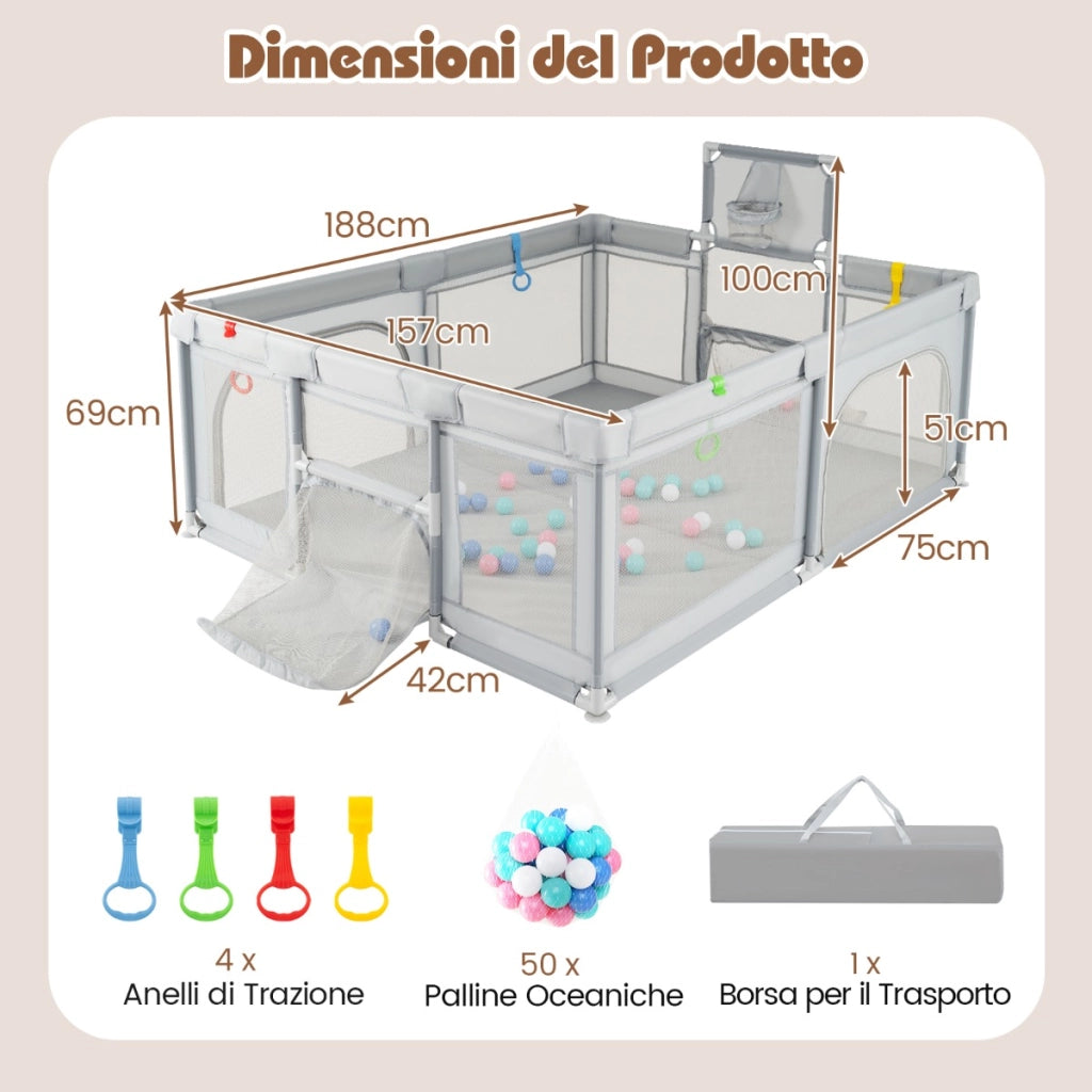 Recinto da gioco per bambini con porta con cerniera rete traspirante, Recinto gioco per bambini con canestro da basket Grigio-Cancelletti di sicurezza