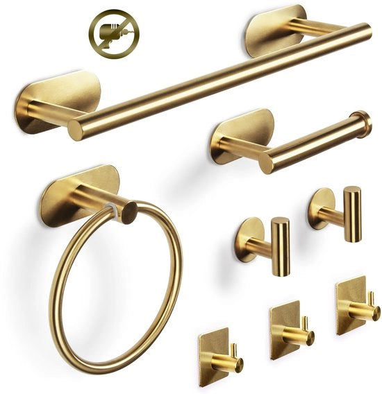 Set di 8 accessori per bagno, composto da 1 supporto per carta igienica, 1 anello per asciugamano, 2 ganci per asciugamano, 3 ganci multifunzionali, accessori per bagno autoadesivi, kit di fissaggio per bagno, cucina e ufficio (oro)