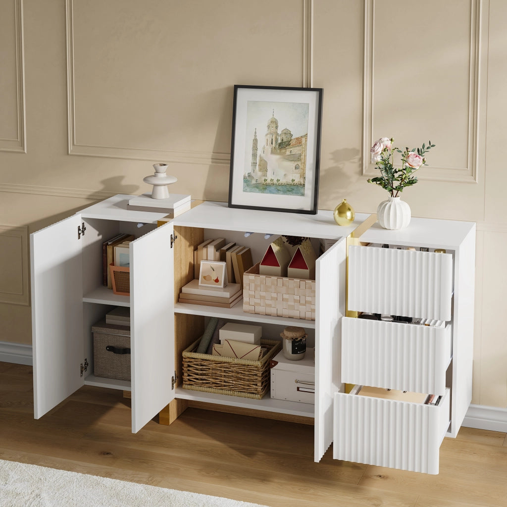 Credenza con 3 ante e 3 cassetti frontali scanalati in MDF e pannello truciolare bianca 140 × 36 × 75 cm
