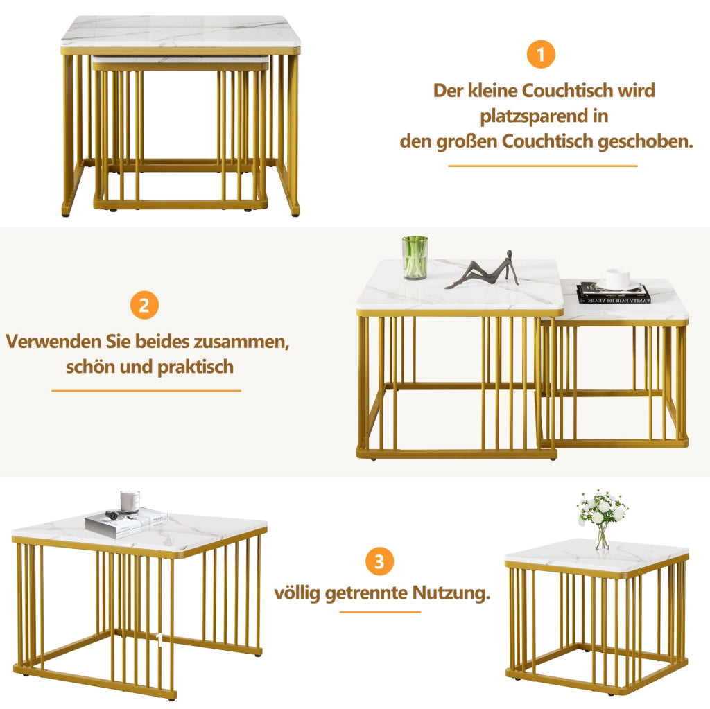 Set 2 tavolini da caffè quadrati effetto marmo bianco