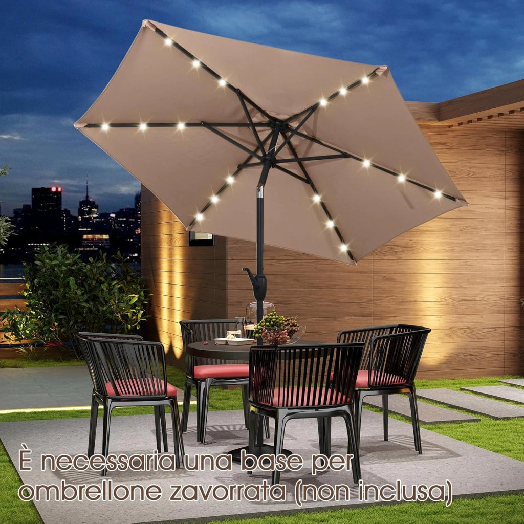 Ombrellone da Giardino 230 cm, Ombrello per Esterni con inclinazione Regolabile, 18 Luci LED, Manovella e Tettuccio Ventilato, Ombrello per Giardino, Cortile, Piscina (Marrone)