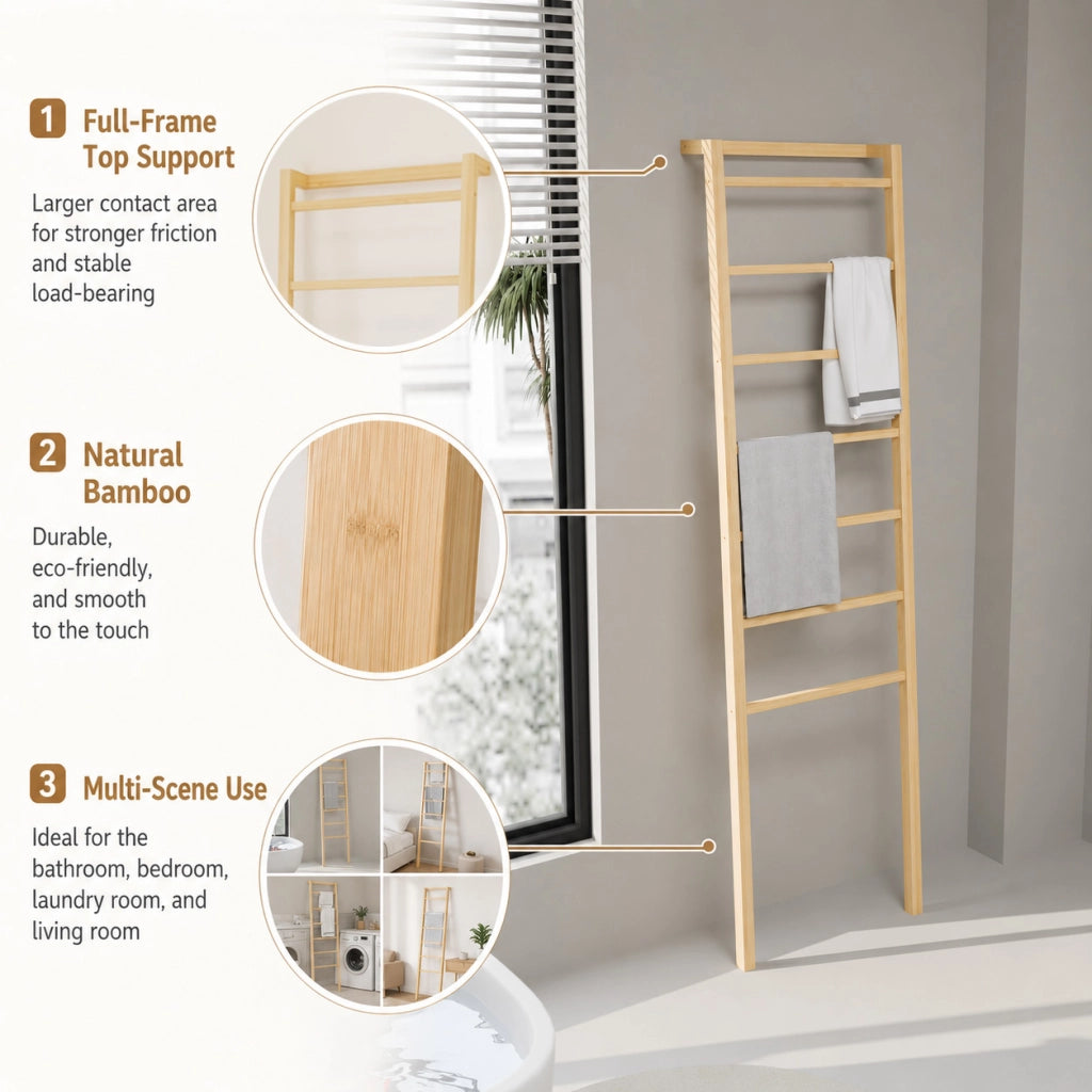 Scala porta asciugamani in bambù naturale a 7 pioli, design minimalista per bagno e casa