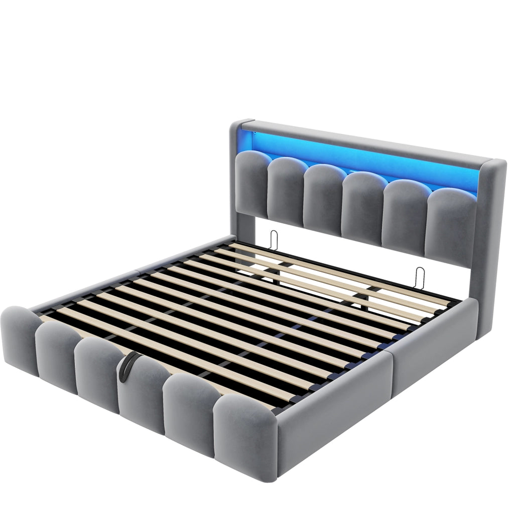 Letto matrimoniale imbottito 180x200 cm in velluto grigio con LED; USB; Type-C e contenitore