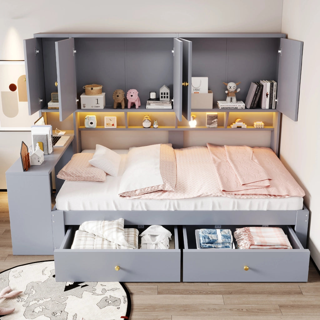 Letto per bambini 90x200 cm con scrivania; LED e prese; 2 cassetti e vani contenitore; MDF grigio