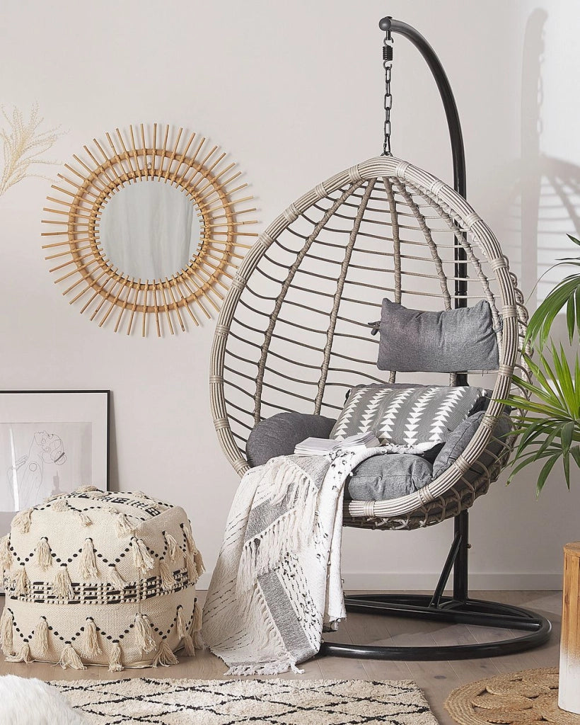 Sedia sospesa poltrona pensile in rattan Nero con struttura in metallo per interni ed esterni a forma di uovo moderna Boho