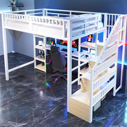 Letto a soppalco 140x200 cm con scrivania; scala contenitore; LED e USB; metallo e MDF; bianco