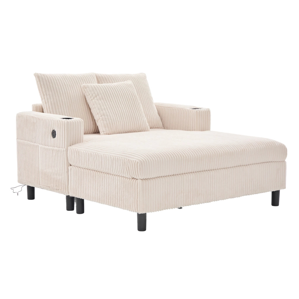 Poltrona relax 142x128x85 cm con LED; USB e portabicchiere in velluto a coste beige