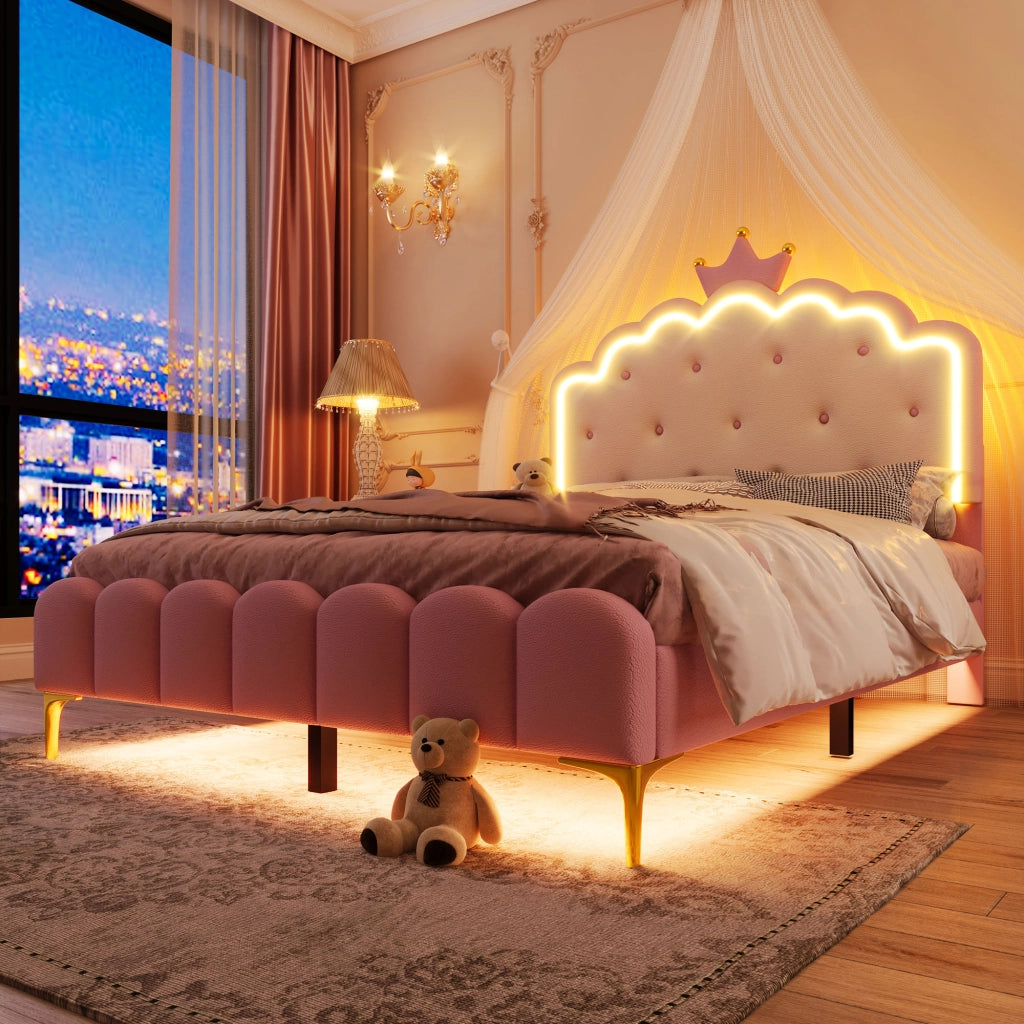 Letto Princess in PU rosa 140x200 cm con rete a doghe, luci LED ambientali e piedi in metallo