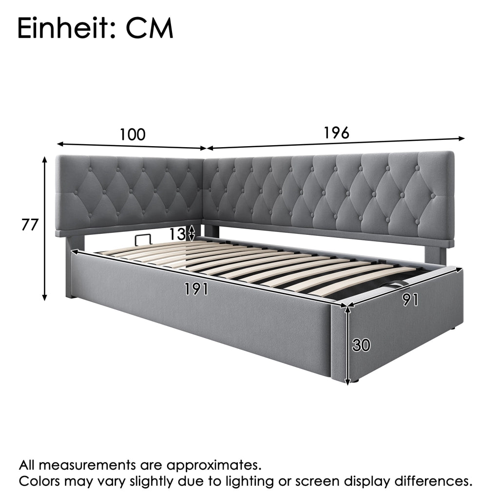 Letto imbottito a L in velluto grigio 90x190 cm con contenitore idraulico