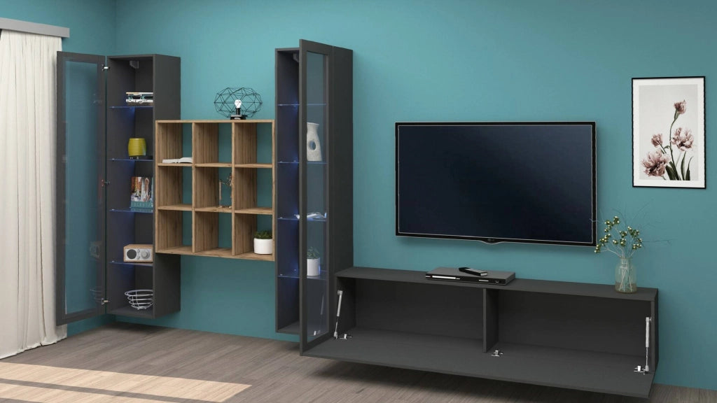 Mobile Soggiorno Atella, Parete Attrezzata 18 Ripiani Made in Italy, 350x30x180h cm Nero Antracite