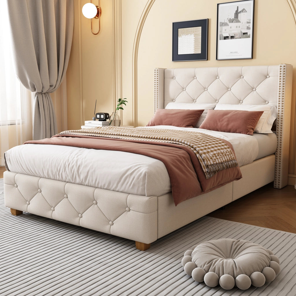 Letto Singolo 90 x 200 cm con Testiera Imbottita e Piedi in Legno; senza Materasso; Beige