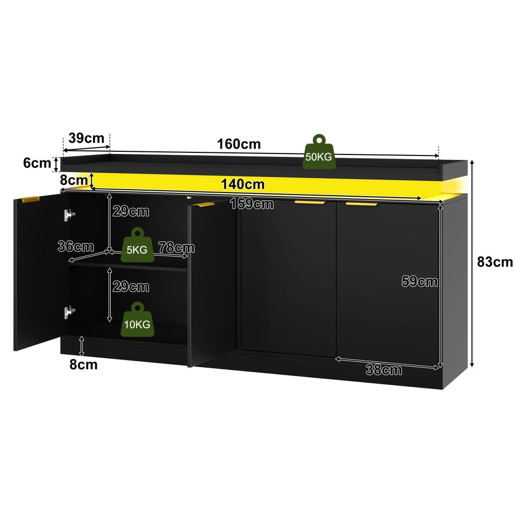 Credenza cucina con LED RGB; 160x39x83 cm; MDF; nera