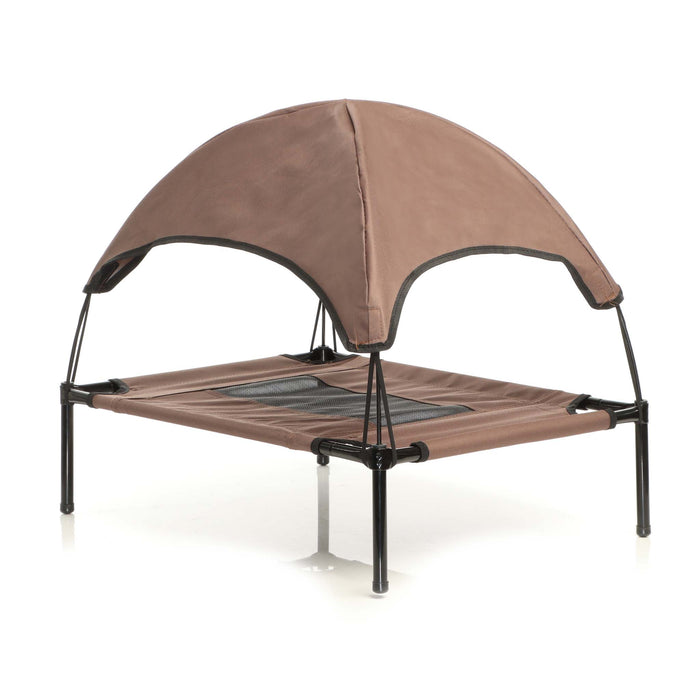 Brandina per cani e gatti con tettoia marrone, cuccia per cani max 35kg, lettino da esterno per animali con tettuccio parasole, 91x76x16cm