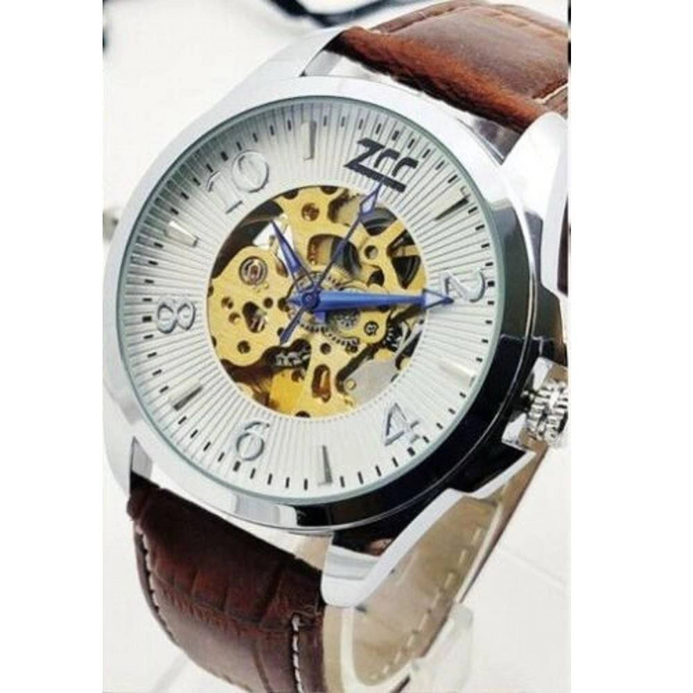 Trade Shop - Orologio Polso Zcc Uomo Automatico Cinturino Pelle Casual Marrone Silver Bianco -