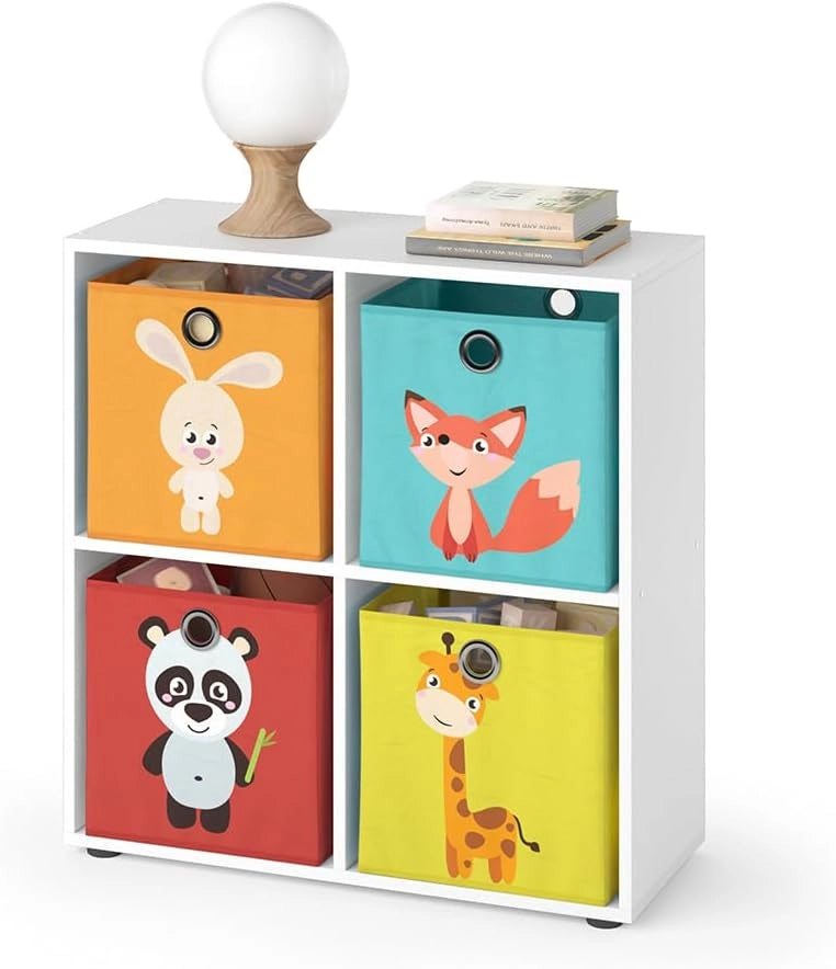 Libreria bambini Tetra, Bianco, 72.6 x 72 cm con 4 scatole pieghevoli (rosso/giallo), adatto per riporre giocattoli e libri