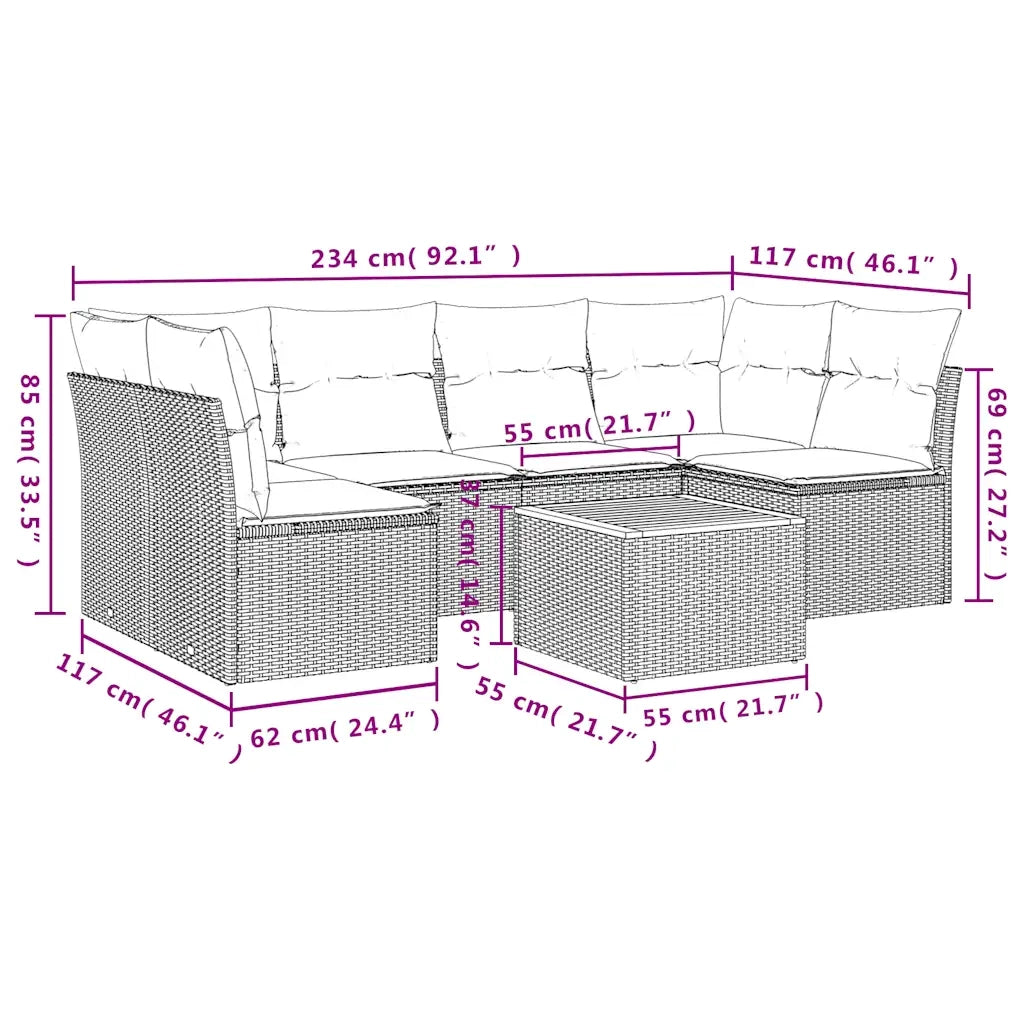 Set Divani da Giardino 7 pz con Cuscini Nero in Polyrattan 3255889