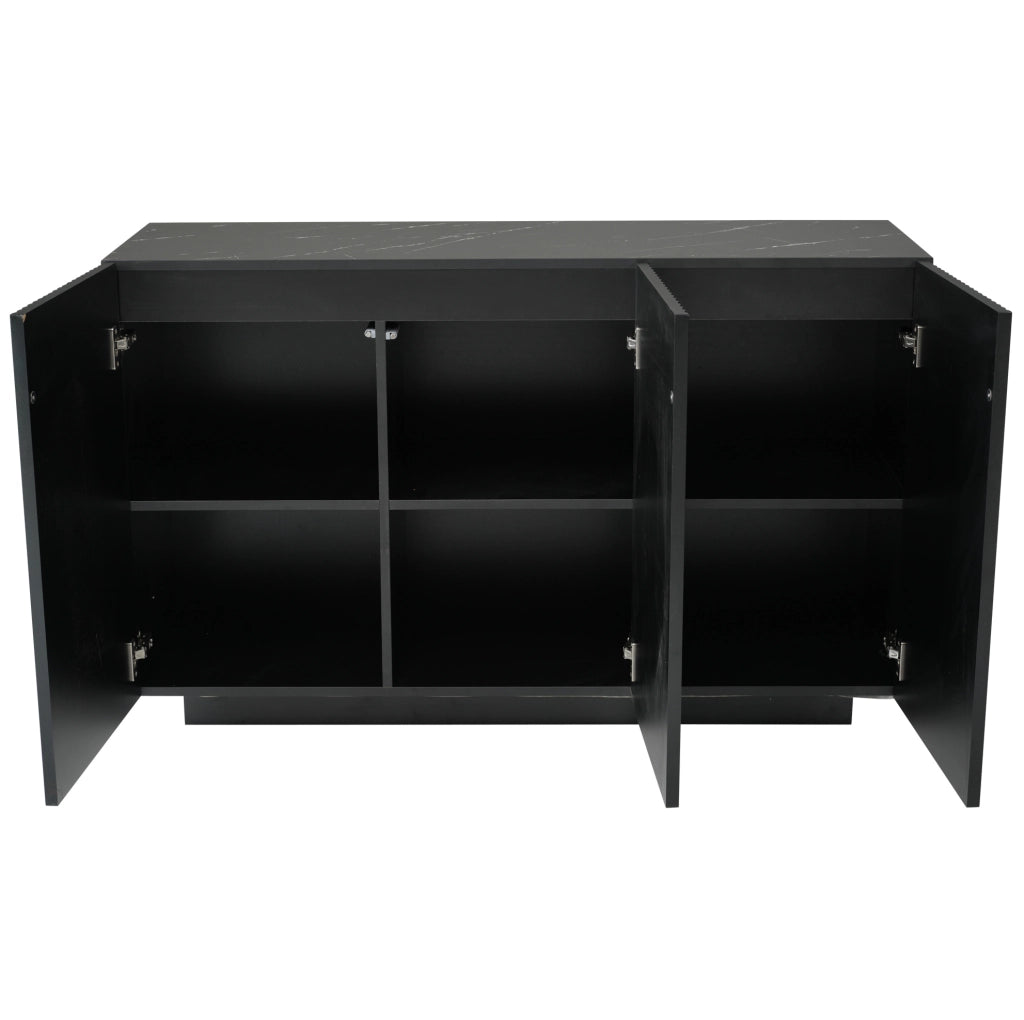 Credenza moderna 120 cm con LED Bluetooth, finitura nera effetto marmo, 3 ante e 6 scomparti