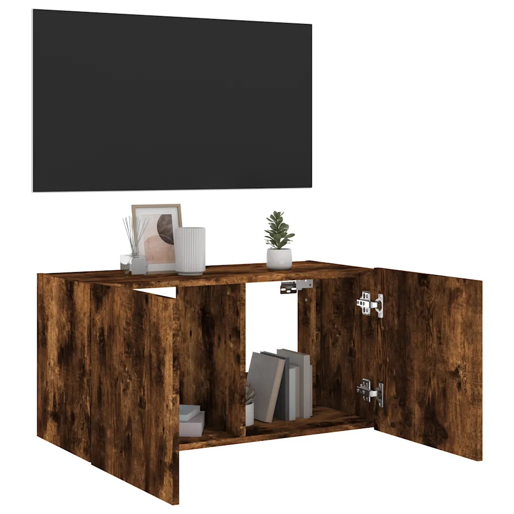 Mobile TV a Parete | Armadietto TV | Mobile Porta TV con Luci LED Rovere Fumo 80x35x41 cm