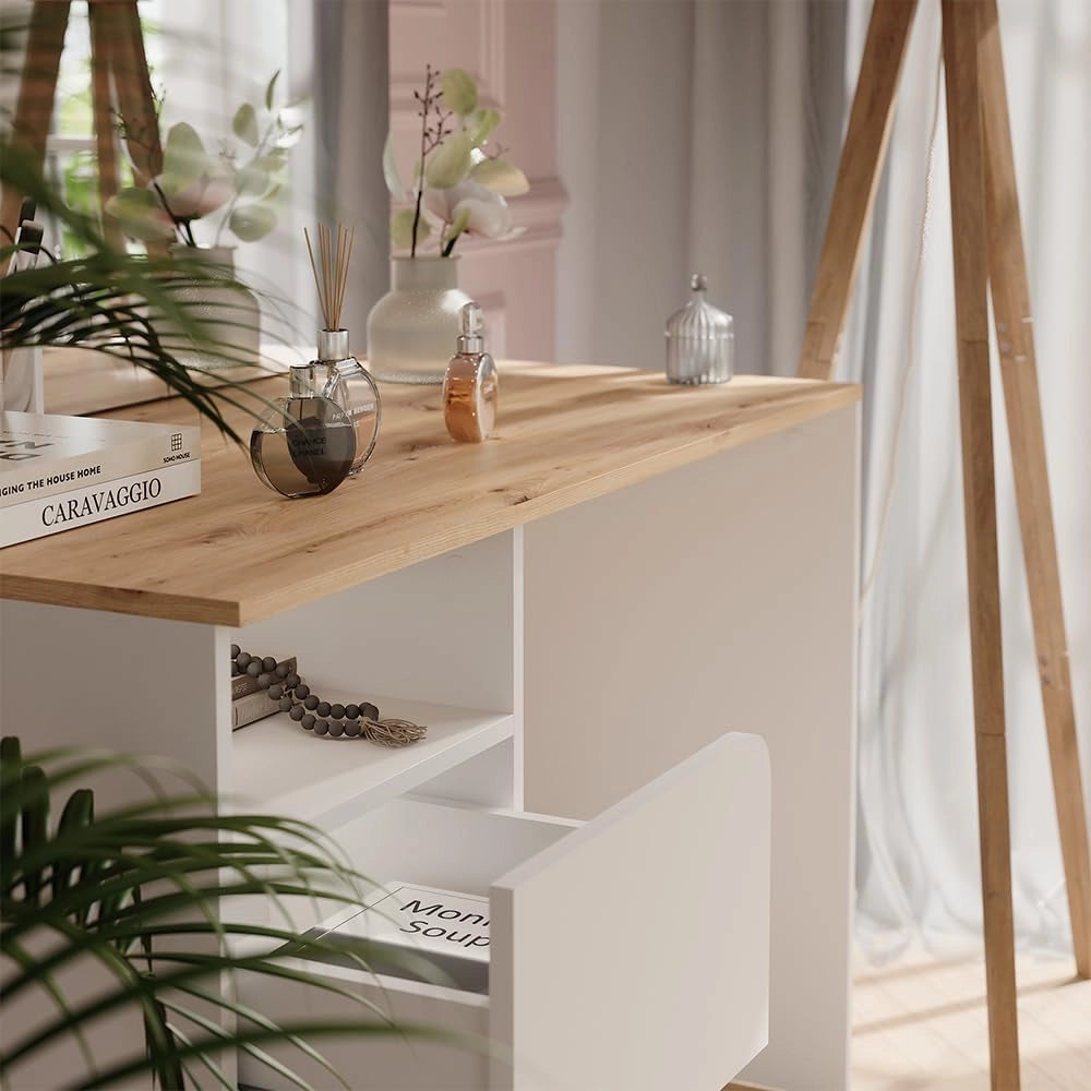 Tavolo da toeletta Karen, Bianco/Artisan, 110 cm con specchio, Materiali robusti per un utilizzo duraturo