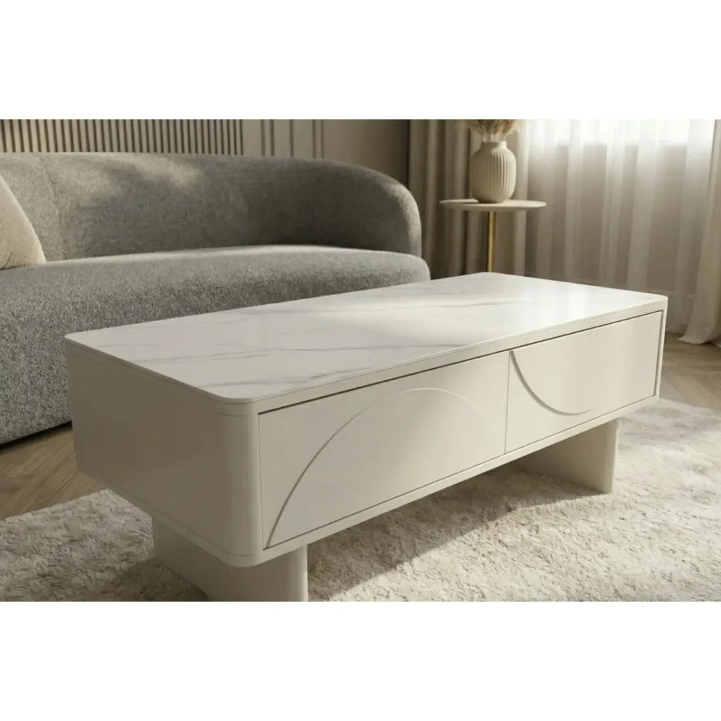 Tavolino chic MIYA 120 cm – Piano in ceramica effetto marmo bianco e 2 cassetti