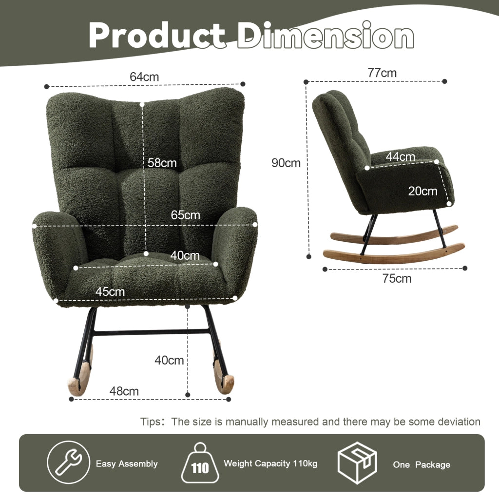 Teddy Fabric Rocking Chair with Pocket - Soft Comfy Wingback Goldie Rocking Chair with Safe Solid Wood Base, Dark Green