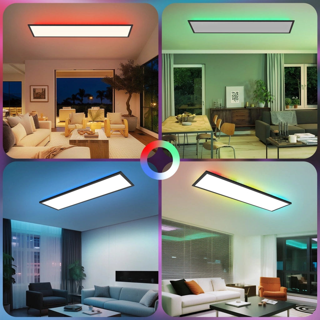ZMH Plafoniera LED 100x25 cm Dimmabile RGB a Soffitto Piatto con Telecomando 24W Nero Rettangolare per Ufficio