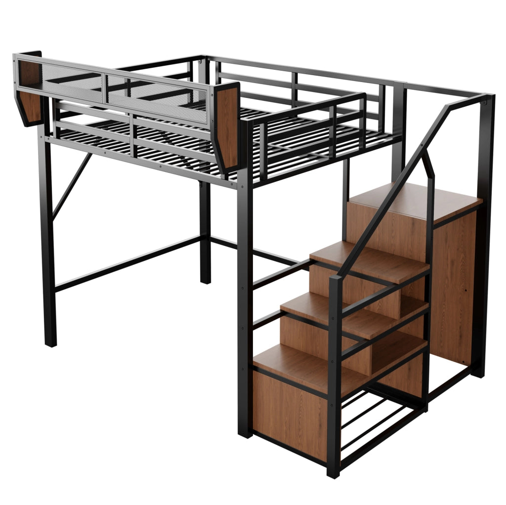 Letto a soppalco in metallo 140 × 200 cm con scala; LED e ripiano regolabile; nero