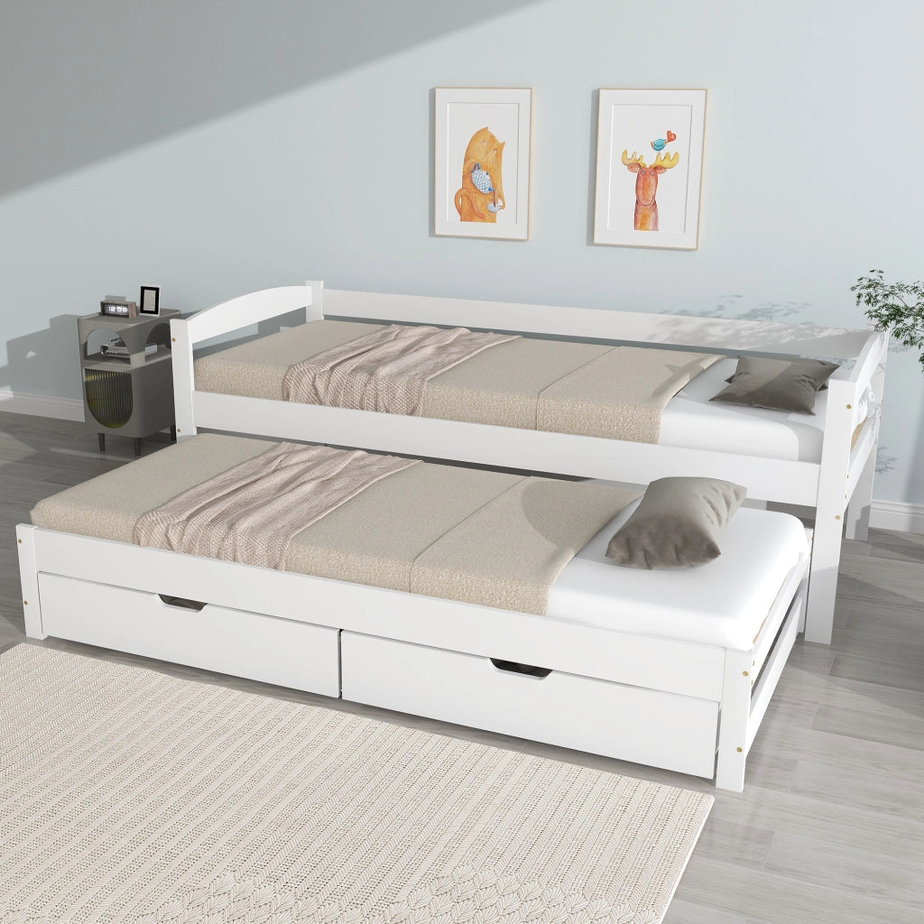Letto Estraibile 200x90 cm e 190x90 cm; con 2 Cassetti e Sponda - in Legno - Bianco