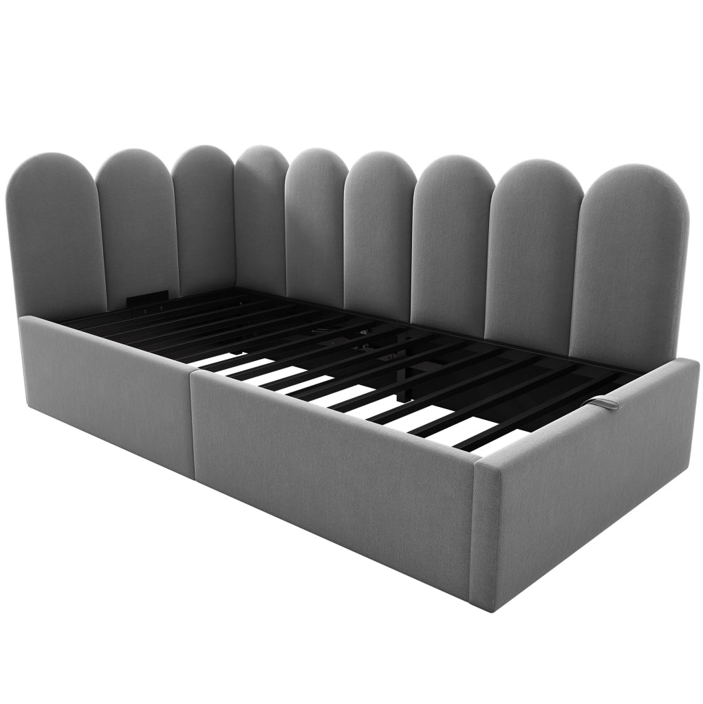 Letto a giorno 90x200 cm con contenitore idraulico; velluto grigio