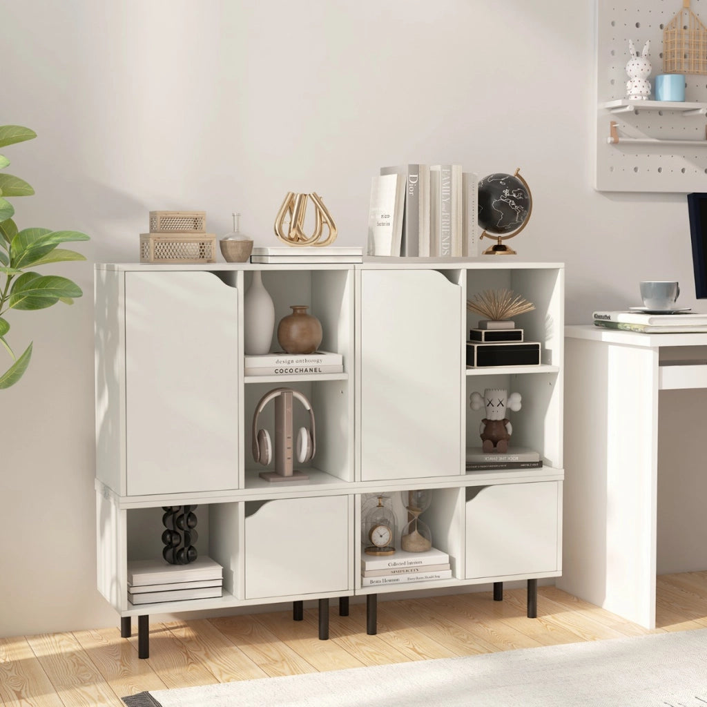 Libreria impilabile con ripiano regolabile e cubi, Libreria da pavimento espositiva con gambe metalliche Bianco-Librerie
