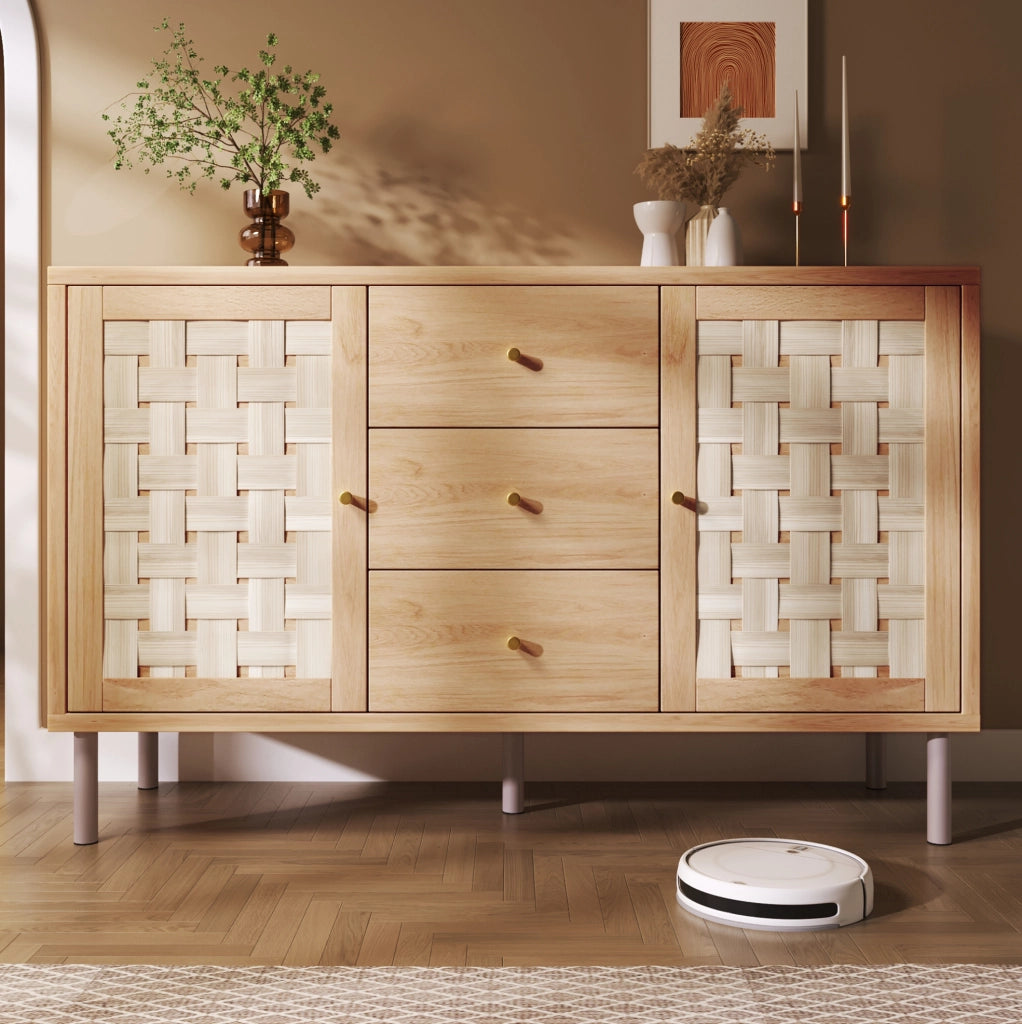 Credenza 120x40x75 cm con 2 ante; 3 cassetti e ripiani regolabili in legno naturale