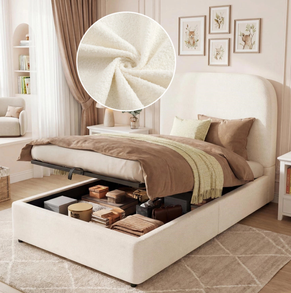 Letto singolo per bambini 90x200 cm con contenitore idraulico; testiera imbottita; bouclé beige