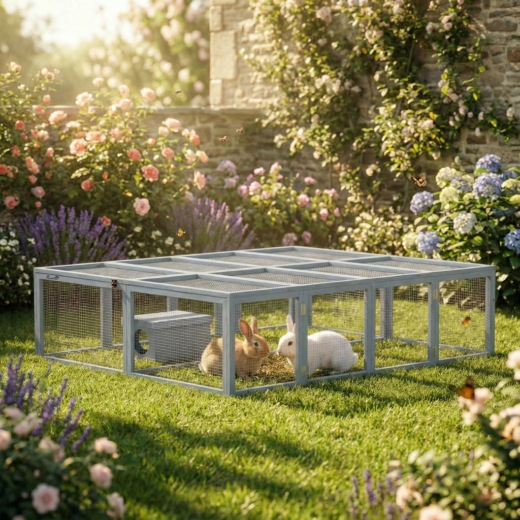 Gabbia per conigli in legno con 2 porte e rifugio ¨C zephmum ¨C grigio 180x150x48 cm