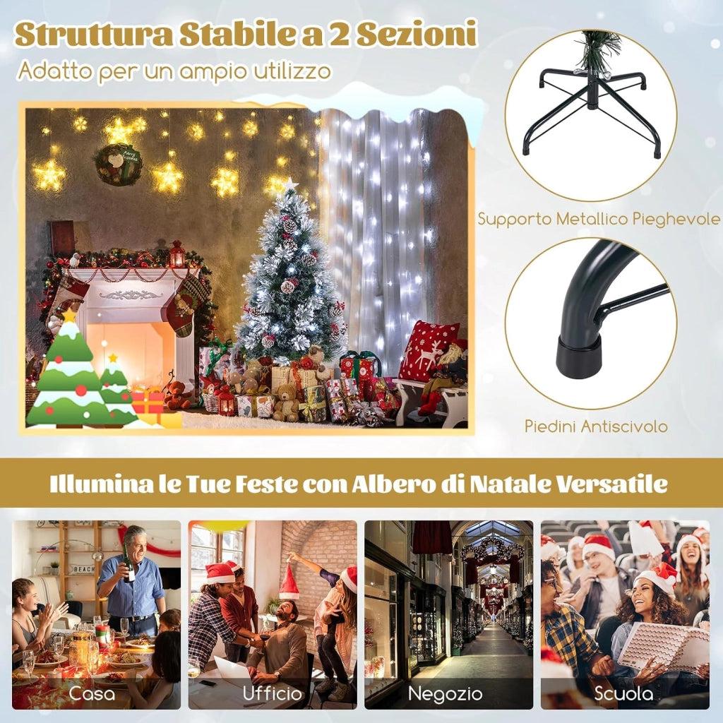 Albero di Natale Innevato 150/180 CM, con Fibra Ottica, 49/63 Luci LED, 8 Modalità di Illuminazione, 170/220 Punte di Rami, Ago di Pino, 18/24 Mazzi di Bacche Rosse e 18/24 Pigne (150 CM)